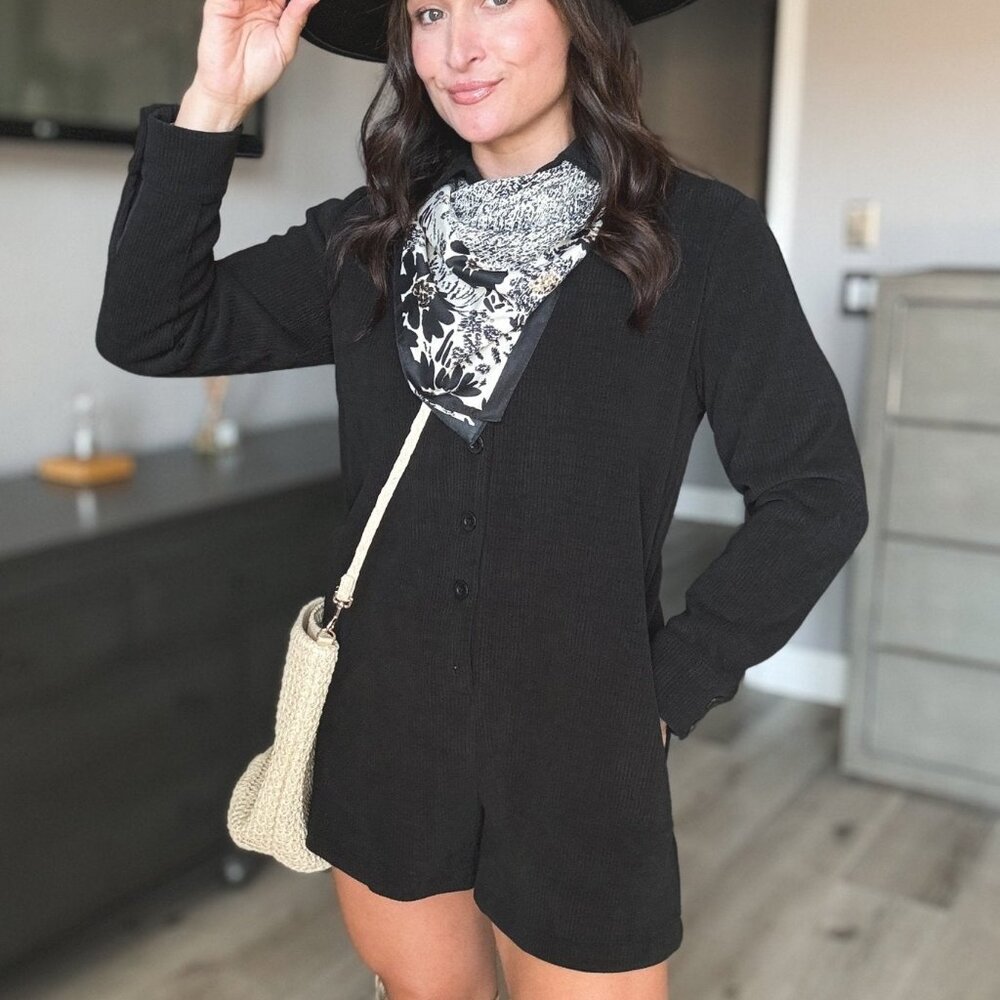Women's Relaxed Fit Long Sleeve Corduroy Romper One Piece | Black